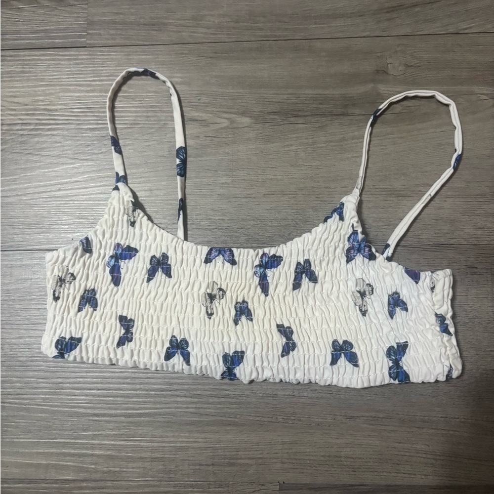 SHEIN White and Blue Butterfly Bikini Top